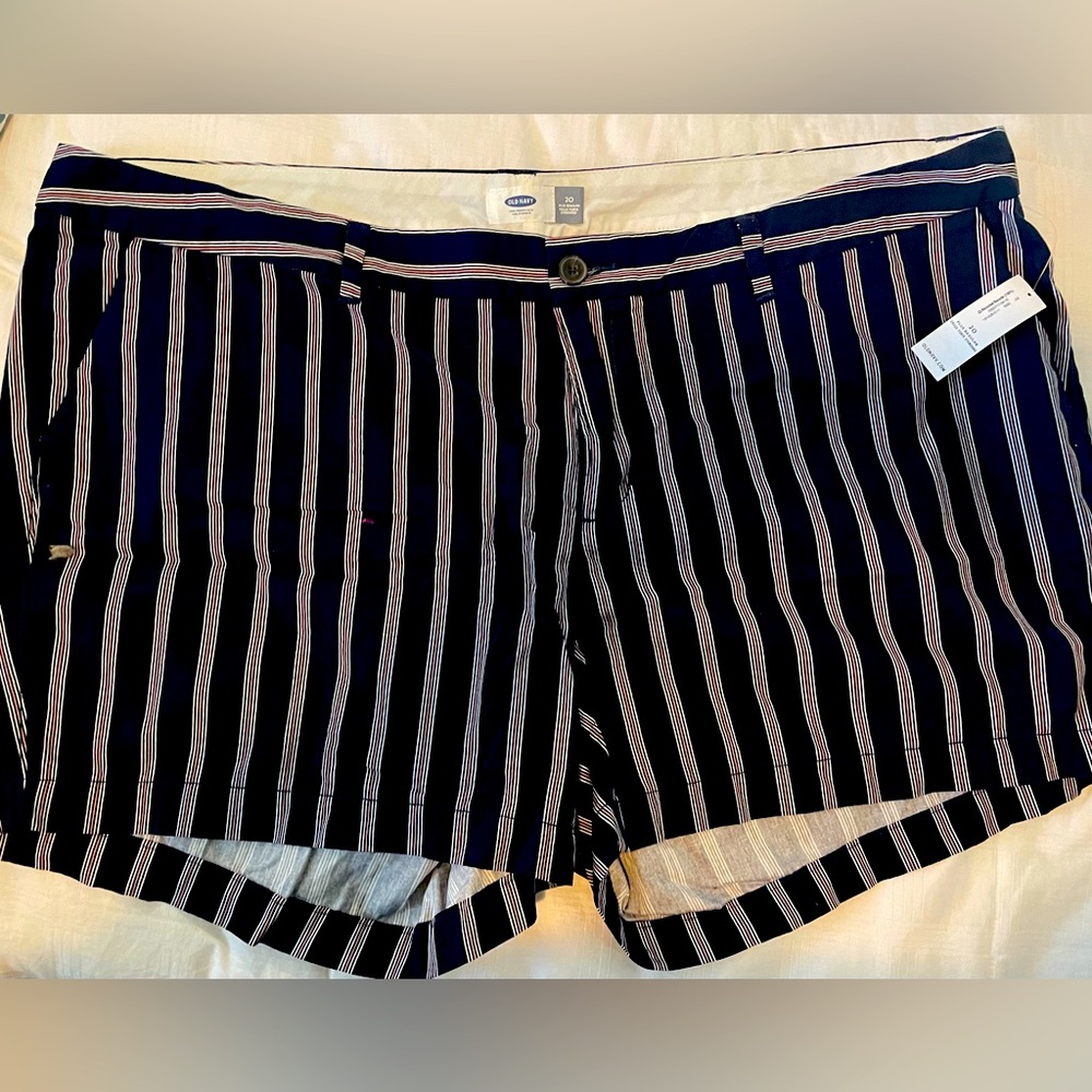 Old Navy shorts. Red, blue, white stripe.